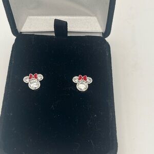 Disney Silver-Tone Crystal Minnie Mouse Ear Studs with Red Bows